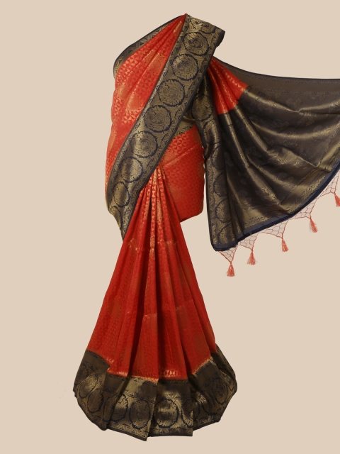 

Pothys Red & Navy Blue Paisley Zari Jute Silk Saree
