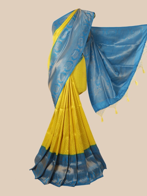 

Pothys Yellow & Blue Ethnic Motifs Zari Jute Silk Saree