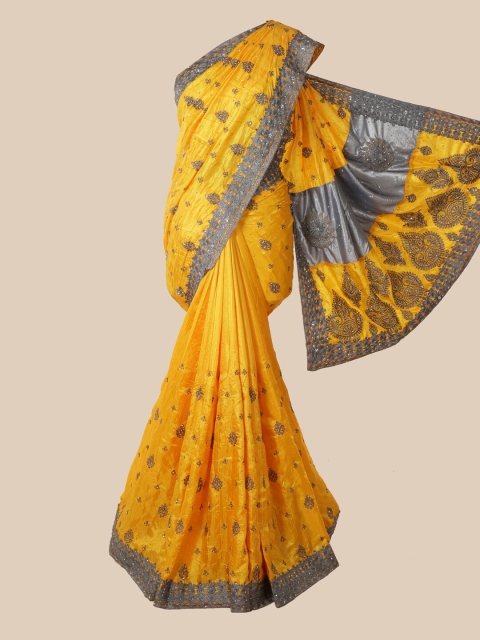 

Pothys Yellow & Grey Ethnic Motifs Beads and Stones Art Silk Saree