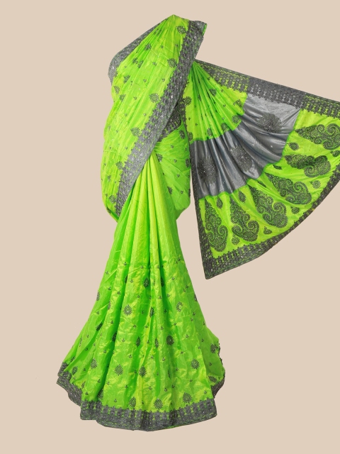 

Pothys Lime Green & Grey Floral Beads and Stones Art Silk Saree