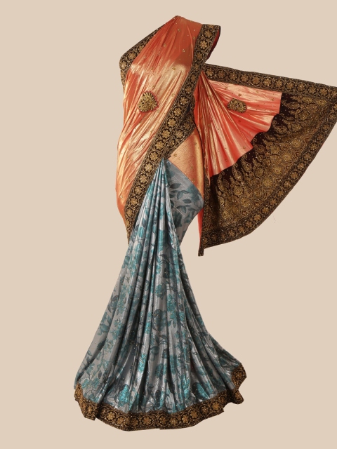 

Pothys Orange & Grey Ethnic Motifs Beads and Stones Half and Half Saree