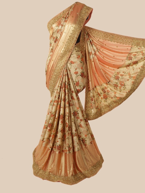 

Pothys Cream-Coloured & Red Floral Beads and Stones Saree