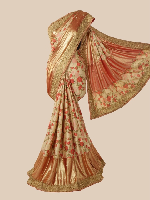 

Pothys Cream-Coloured & Pink Floral Beads and Stones Saree