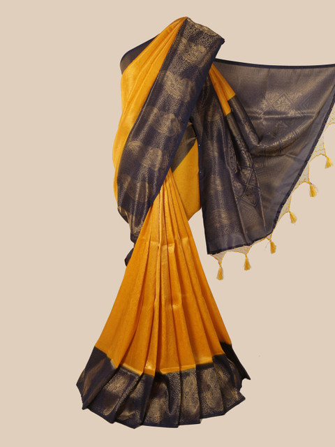 

Pothys Yellow & Navy Blue Ethnic Motifs Zari Jute Silk Saree