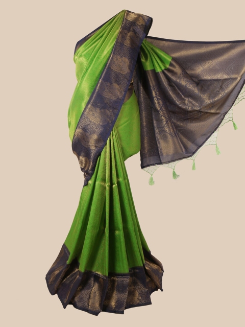 

Pothys Lime Green & Navy Blue Floral Zari Jute Silk Saree