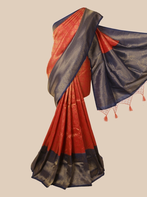 

Pothys Orange & Navy Blue Floral Zari Jute Silk Saree