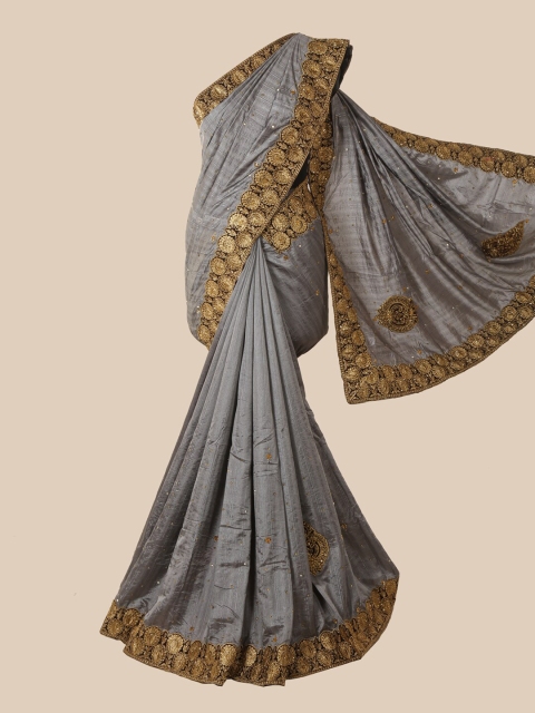 

Pothys Grey & Gold-Toned Embellished Beads and Stones Art Silk Saree