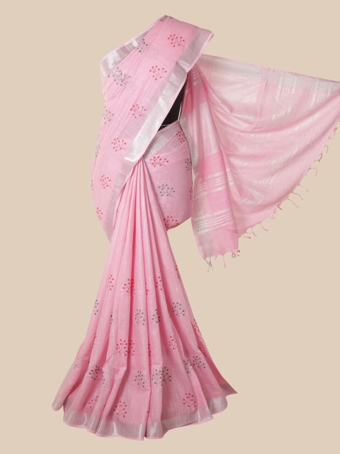 

Pothys Pink & Silver-Toned Floral Embroidered Jute Cotton Saree