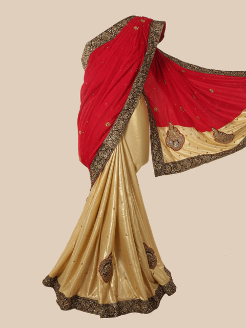 

Pothys Red & Gold-Toned Embellished Beads and Stones Velvet Saree