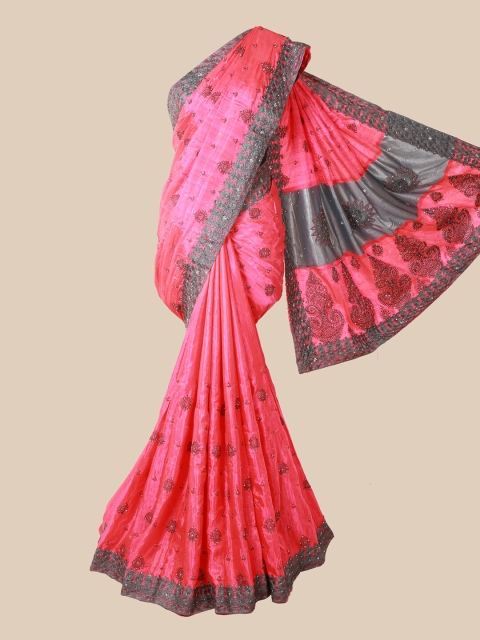 

Pothys Pink Floral Beads and Stones Art Silk Saree