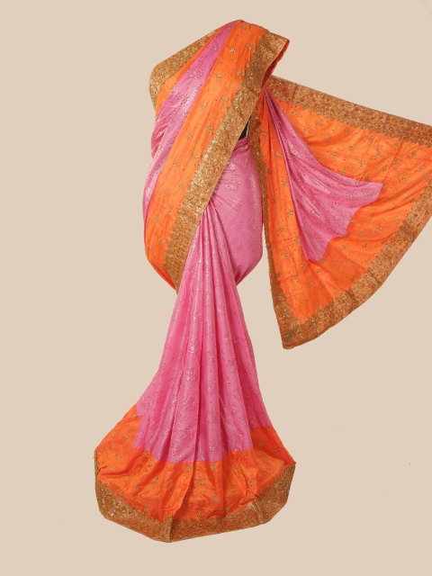 

Pothys Lavender & Orange Floral Beads and Stones Art Silk Saree
