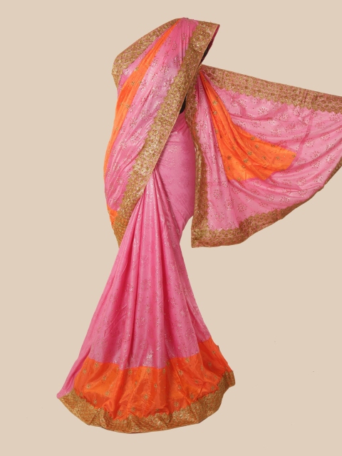 

Pothys Pink & Orange Floral Beads and Stones Art Silk Heavy Work Saree