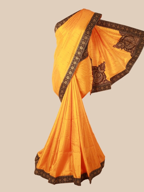 

Pothys Yellow & Maroon Embellished Beads and Stones Art Silk Saree