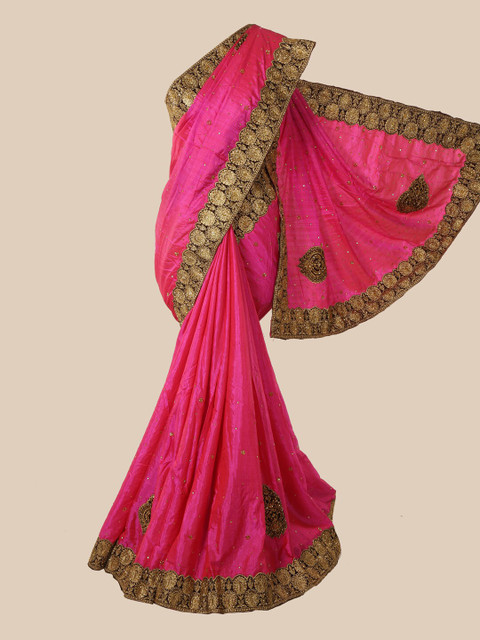 

Pothys Pink & Gold-Toned Embellished Beads and Stones Art Silk Saree
