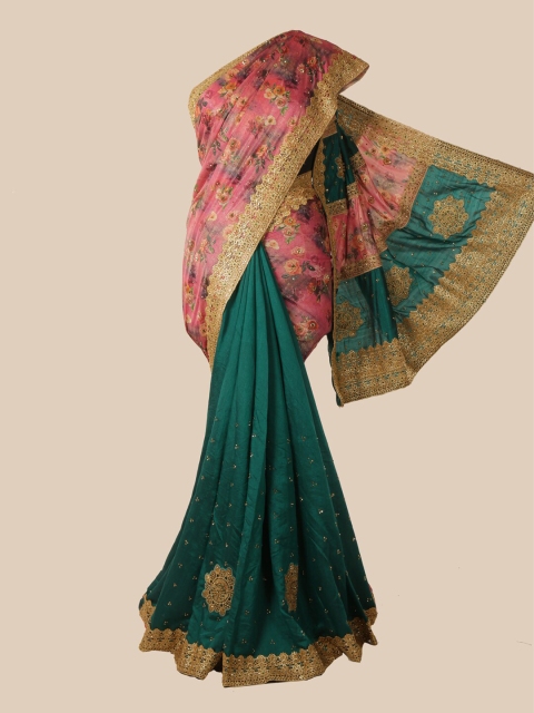 

Pothys Peach-Coloured & Green Floral Beads and Stones Art Silk Half and Half Saree