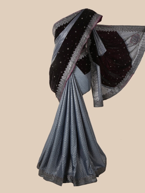 

Pothys Grey & Black Embellished Beads and Stones Poly Chiffon Saree