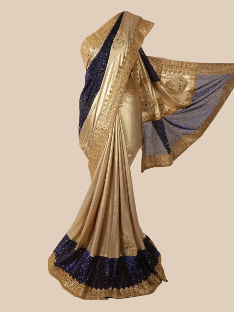 

Pothys Gold-Toned & Navy Blue Floral Beads and Stones Saree