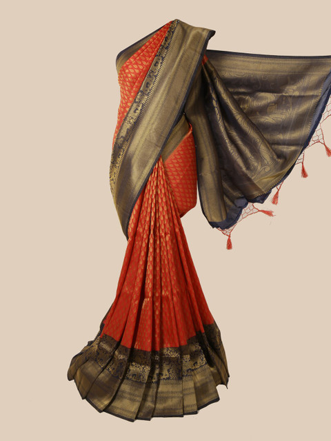 

Pothys Orange & Navy Blue Floral Zari Jute Silk Saree