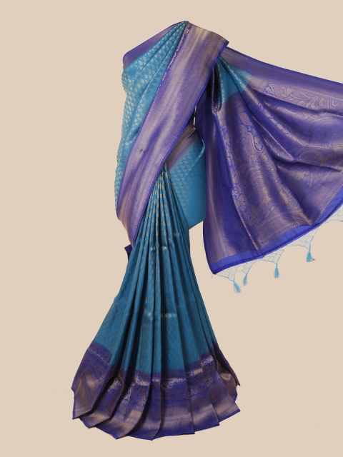 

Pothys Blue & Silver-Toned Floral Zari Jute Silk Saree