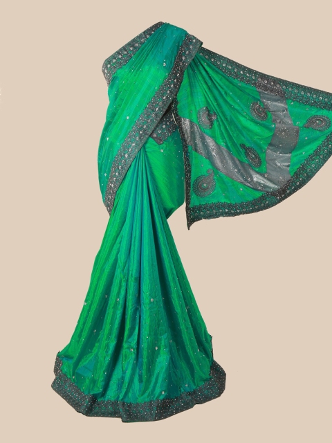 

Pothys Green & Grey Floral Beads and Stones Art Silk Saree