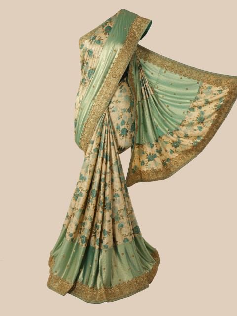 

Pothys Cream-Coloured & Green Floral Beads and Stones Saree