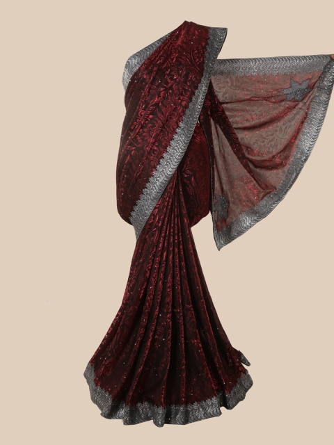 

Pothys Maroon & Silver-Toned Floral Beads and Stones Saree