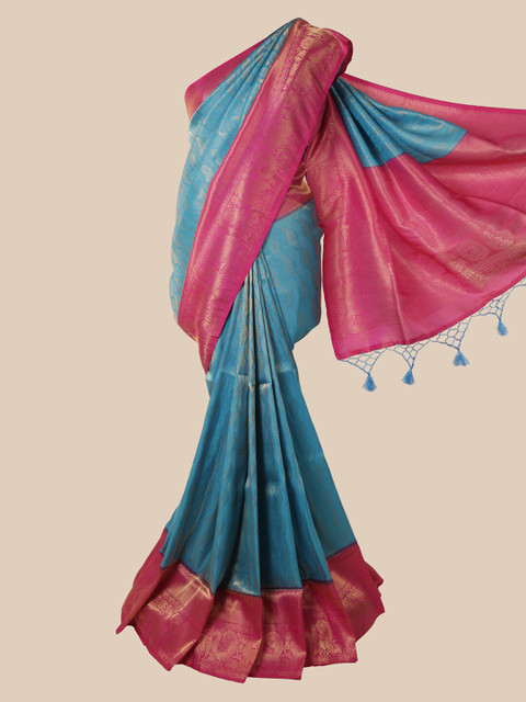 

Pothys Blue & Pink Ethnic Motifs Zari Jute Silk Saree