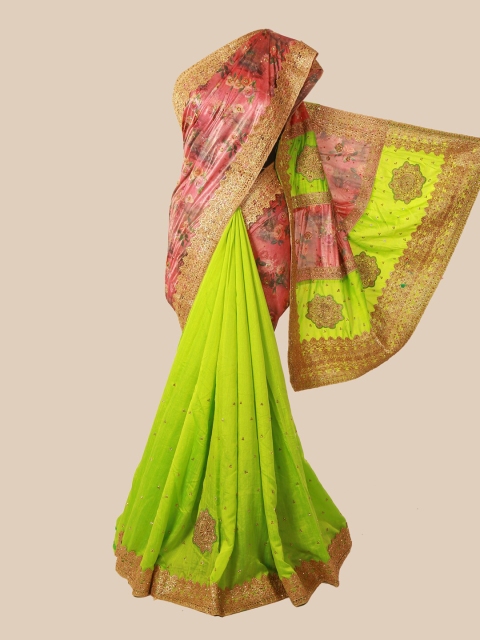 

Pothys Pink & Green Ethnic Motifs Beads and Stones Art Silk Half and Half Saree