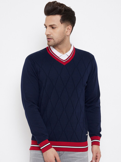 

98 Degree North Men Navy Blue & Red Colourblocked Self Design Sweater Vest