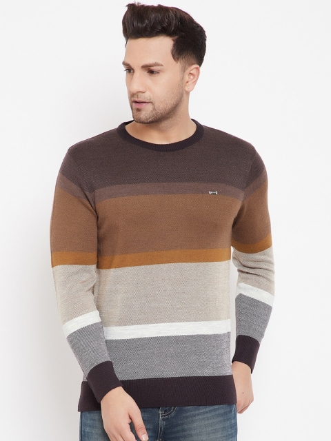 

98 Degree North Men Brown & Grey Striped Sweater