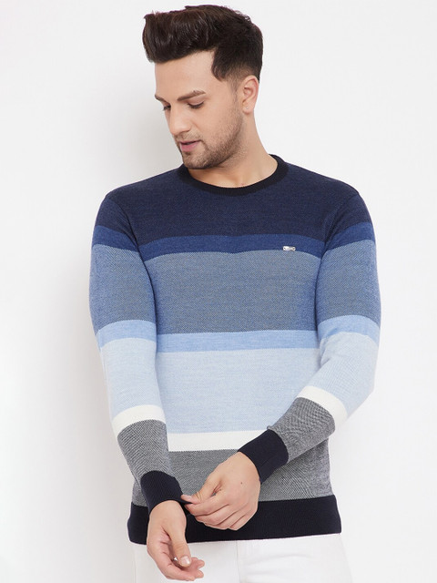 

98 Degree North Men Blue & Multicoloured Striped Sweater Vest