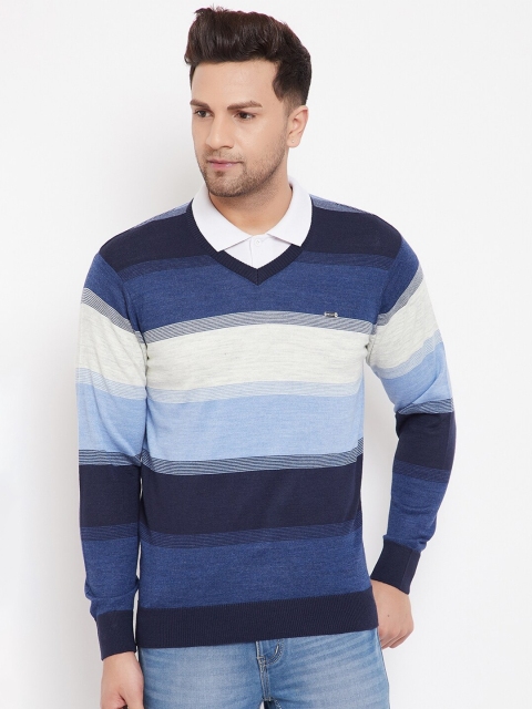 

98 Degree North Men Blue & Navy Blue Striped Sweater