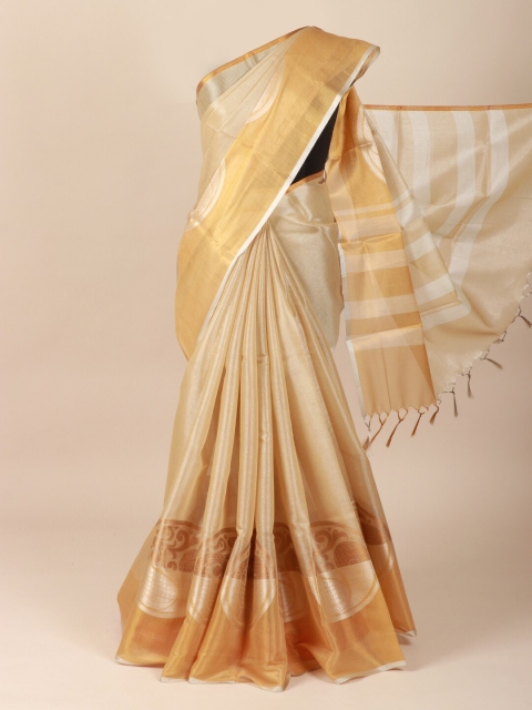 

Pothys Cream-Coloured Cotton Blend Saree With Tasseled Pallu
