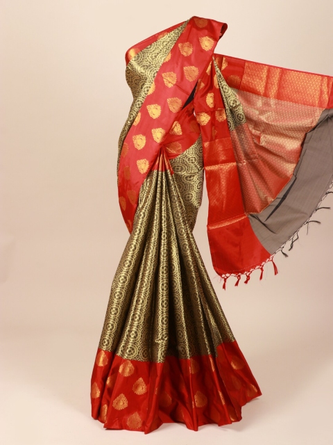 

Pothys Gold-Toned & Red Cotton Blend Saree With Tasseled Pallu