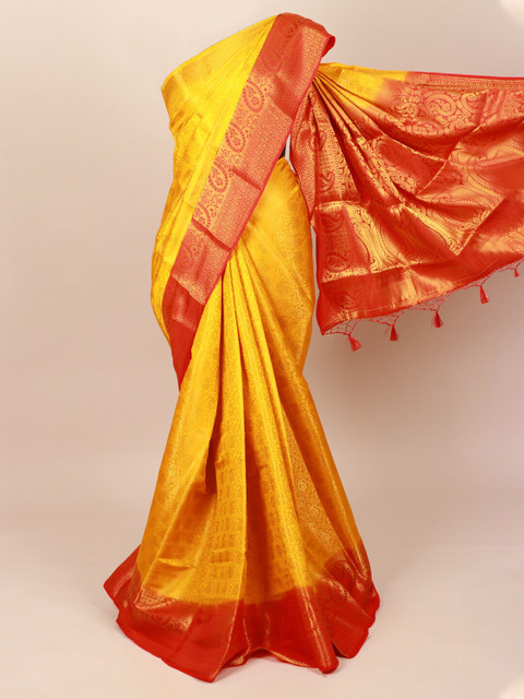 

Pothys Yellow & Gold-Toned Woven Design Art Silk Saree With Tasseled Pallu
