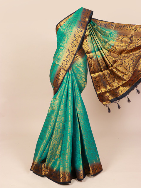 

Pothys Turquoise Blue & Gold Woven Design Art Silk Saree With Tasseled Pallu