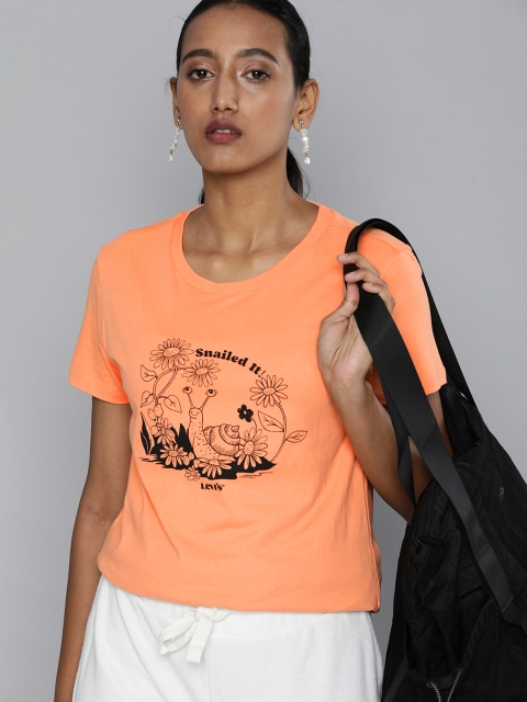 

Levis Women Orange Black Cadmium Graphic Printed Pure Cotton T-shirt