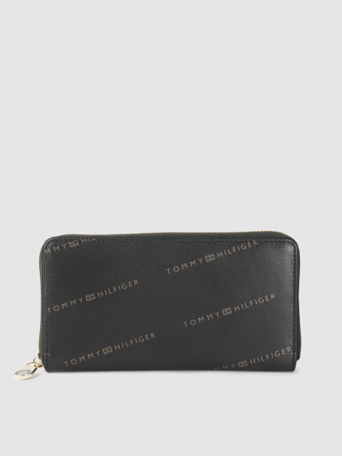 

Tommy Hilfiger Women Black Brand Logo Print Leather Zip Around Wallet