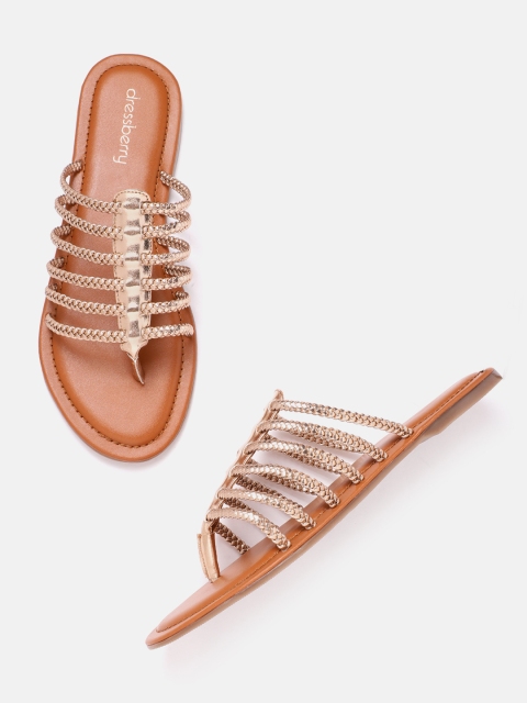 

DressBerry Women Rose Gold-Toned Braided Open Toe Flats