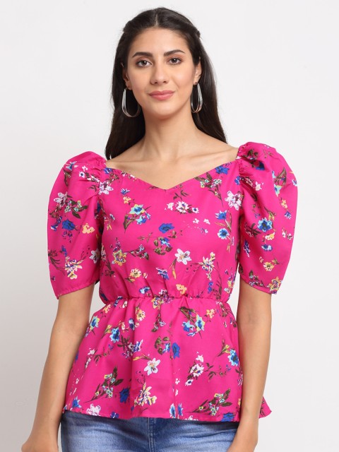 

emeros Fuchsia & Blue Floral Crepe Cinched Waist Top