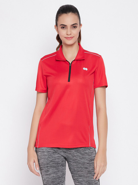 

Clovia Women Red & Black Polo Collar Slim Fit T-shirt
