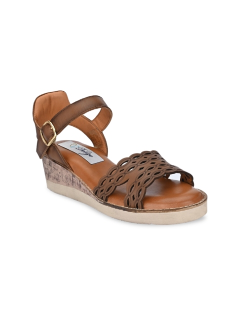 

Delize Women Tan Leather Wedge Sandals Heels with Laser Cuts