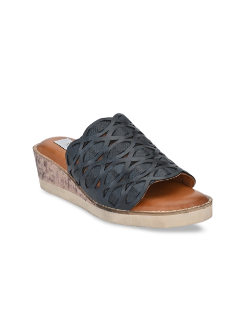 

Delize Navy Blue Leather Wedge Heels with Laser Cuts