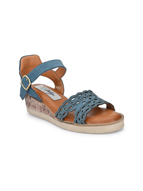 

Delize Blue Leather Wedge Sandals Heels with Laser Cuts