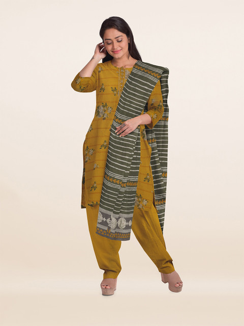 

Pothys Olive Green & Charcoal Grey Printed Unstitched Dress Material