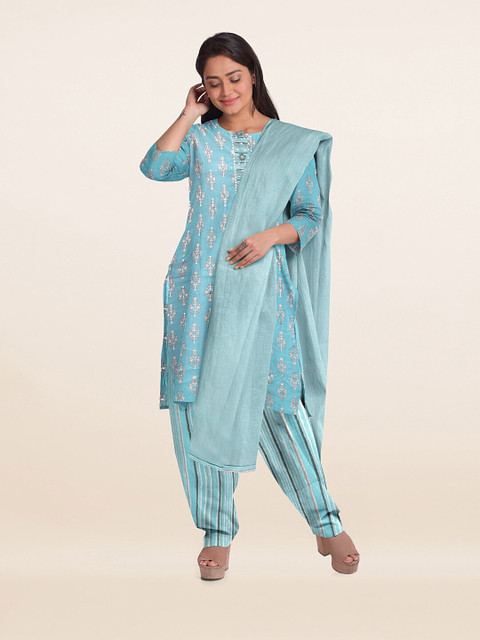 

Pothys Blue Printed Unstitched Dress Material