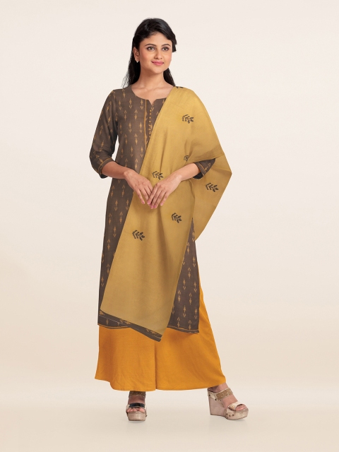 

Pothys Brown & Mustard Yellow Printed Unstitched Dress Material