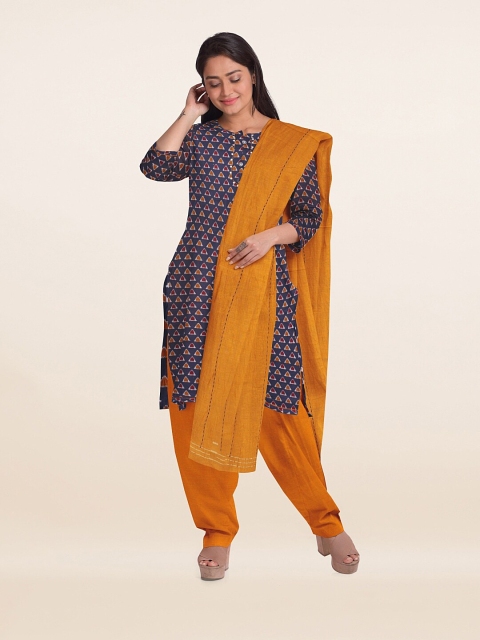 

Pothys Blue & Orange Printed Unstitched Dress Material