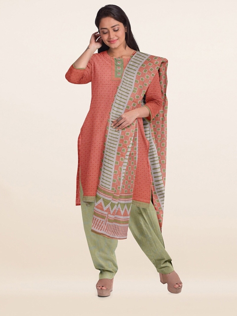 

Pothys Peach-Coloured & Green Printed Unstitched Dress Material