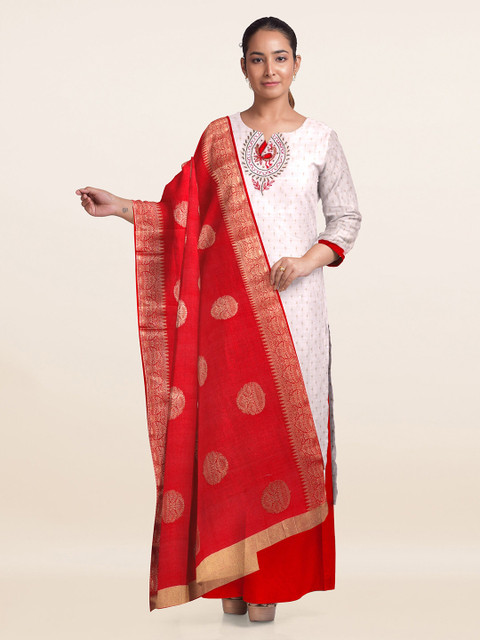 

Pothys White & Red Printed Unstitched Dress Material
